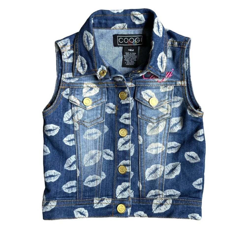 Vintage‎ Coogi Kids Denim Vest Size 18m Lip Kiss Print Logo Spellout Embroidery